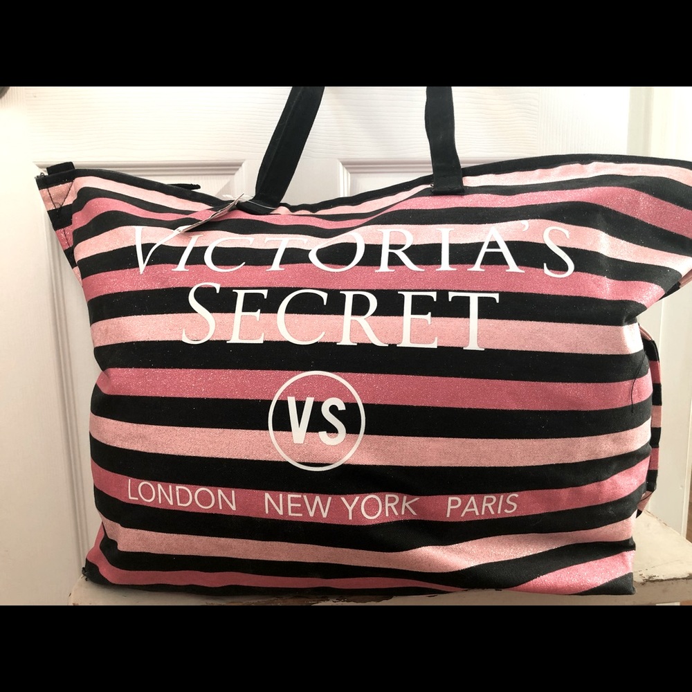 Victoria’s Secret bag shimmer pink/black stripes